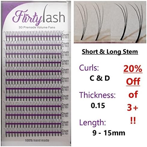 Eyelash Extension 3D-Premade Volume-Lash-Fans .15mm Thick D Curl Choose Length 9 to 15 plu Mixed Ship 1-4 days (9 Short Stem)