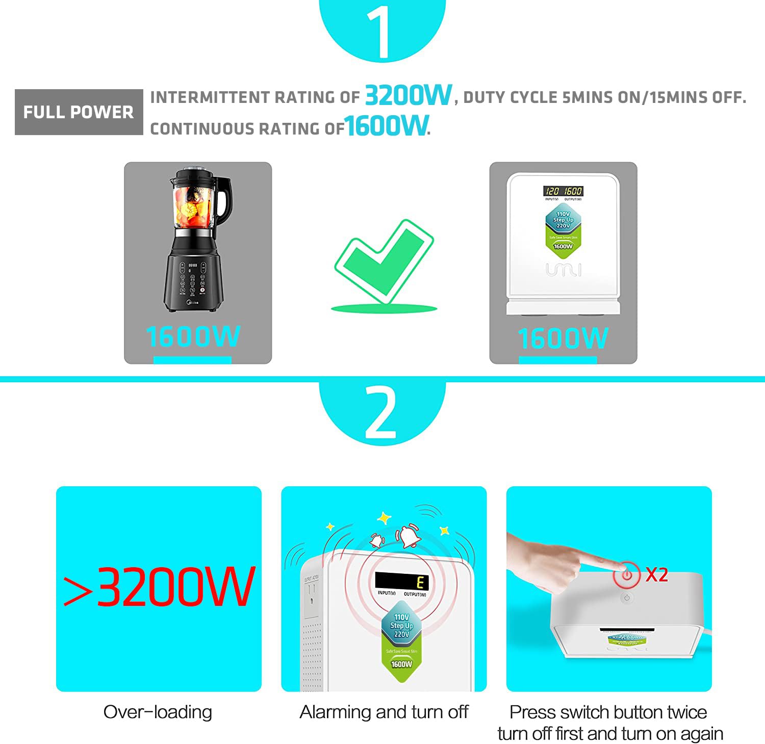 UMI 1600W Step Up Voltage 110v to 220v Converter, Heavy Duty Power Converter 110v to 220v, Power Transformer with Auto Mode, Step Up 110v to 220v - Europe to US Voltage Converter