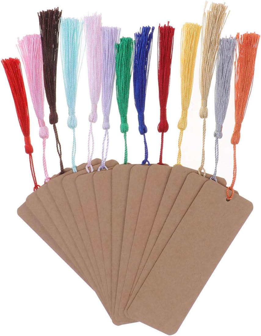 NUOBESTY 24pcs Book Page Mark Blank Paper Bookmarks with Tassel for Art Craft School Party Favor Khaki, Medium