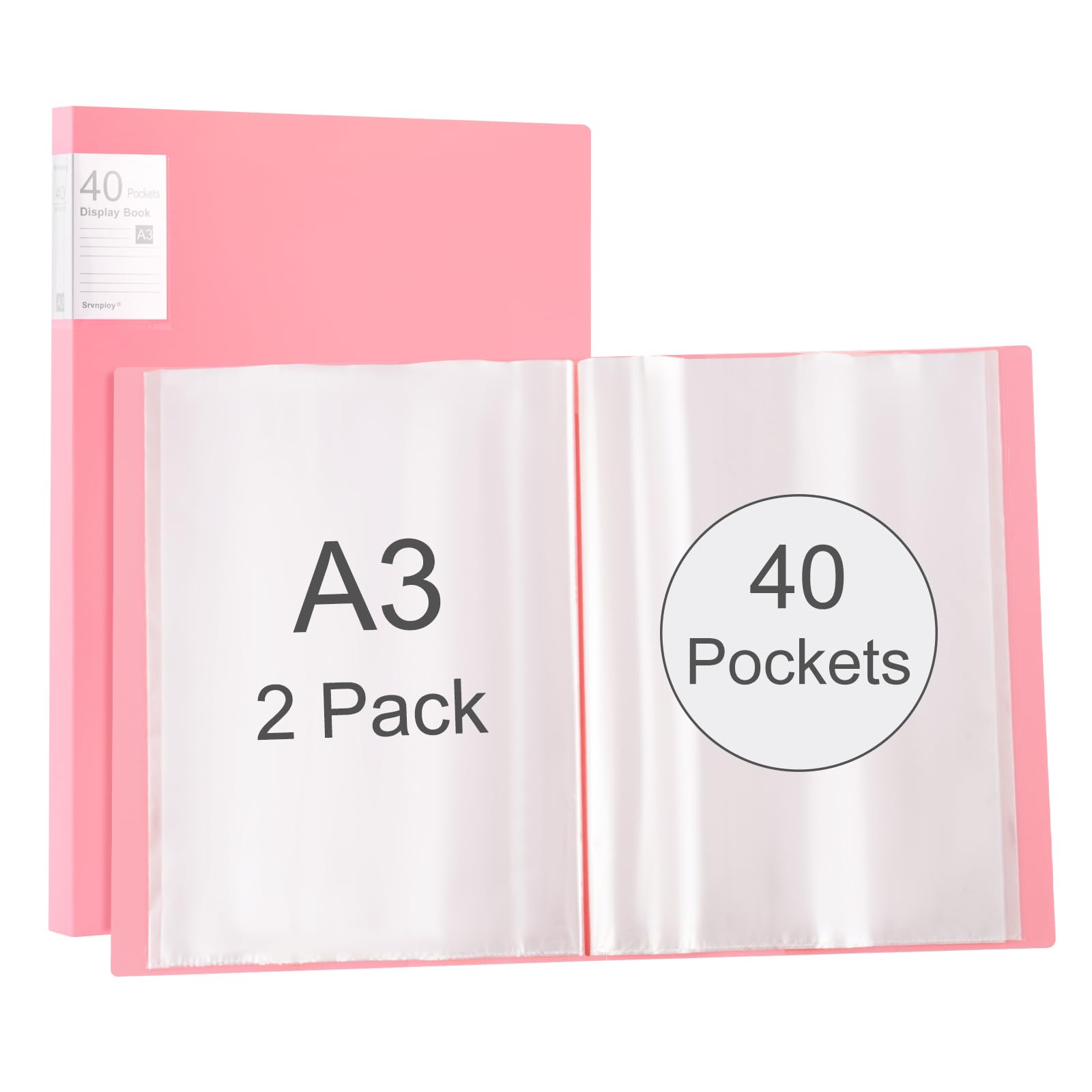 Srvnpioy A3 Display Book 40 Pockets, 2 Pack, 80 Sheet Capacity, Transparent Pockets, A3 Portfolio Presentation Book for Artwork, Drawing, Report,Pink