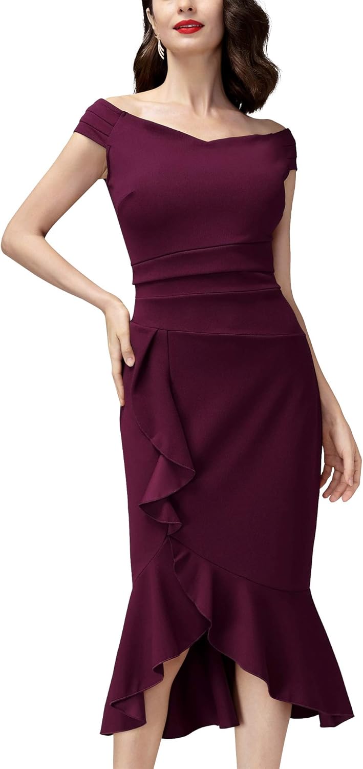 Knitee Women's Off Shoulder V-Neck Ruffle Pleat Waist Bodycon Evening Cocktail Slit Formal Dress: Clothing