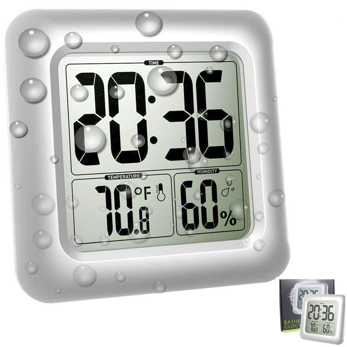 Large Waterproof Wall Clock for Shower Bathroom, Digital Mirror Clock Bath Thermometer Hygrometer Temperature Humidity Gauge, 4 Strong Suction Cup, Silver Big Time Display, Wall Hanging or Table Stand