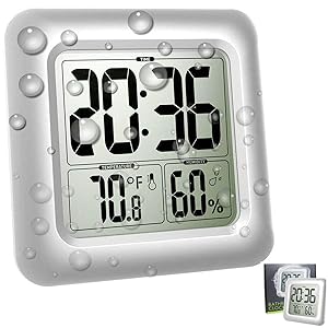 Large Waterproof Wall Clock for Shower Bathroom, Digital Mirror Clock Bath Thermometer Hygrometer Temperature Humidity Gauge, 4 Strong Suction Cup, Silver Big Time Display, Wall Hanging or Table Stand