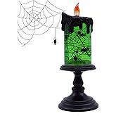 DRomance Halloween Flameless Candle Snow Globe Battery Operated with 6 Hour Timer, Green Light Spider Decal Water Tornado Lamp LED Candlestick Halloween Season Decor Gift 4 x 10 Inches