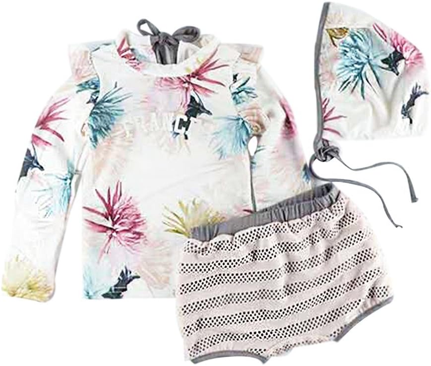 Baby Girls Kids 3 Piece Long Sleeve Floral UV Sun Protection Rash Guards Swimsuit Bathing Suit