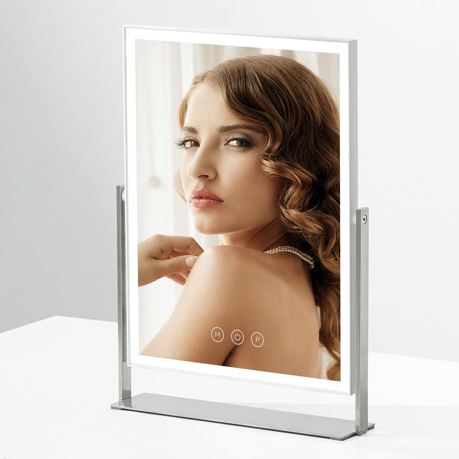 Photo 1 of NEZZOE 14 Inch Rechargeable Lighted Makeup Mirror, Vanity Mirror with 104 LED Lights, Rectangular Desk Mirror with Light, Metal Table Mirror with Stand, 3000mAh Battery