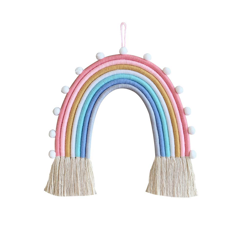Shiwaki Rainbow Wall Decor Hanging Room Boho Small Tapestry, Woven Decorative with Tassel, Soft Cotton Rope Cute Wall Art Backdrop(Blue)