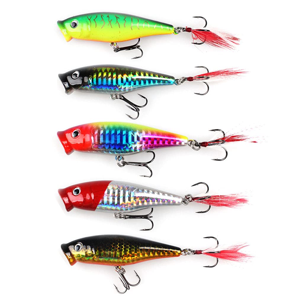 GudGmtoy 5pcs Topwater Popper Fishing Lures Kit 7.5cm 0.3oz Feather Treble Hooks Floating Fishing Lure Poper Bait Sea Pike Bass Crankbait Mackecel Fishing Bait