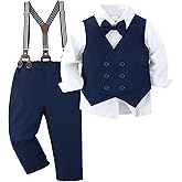 YALLET Boy Clothes Suits, Formal Dress Shirt with Bowtie+Vest+Suspender Pants Big Kid Gentleman Wedding Outfits 6-10 Years