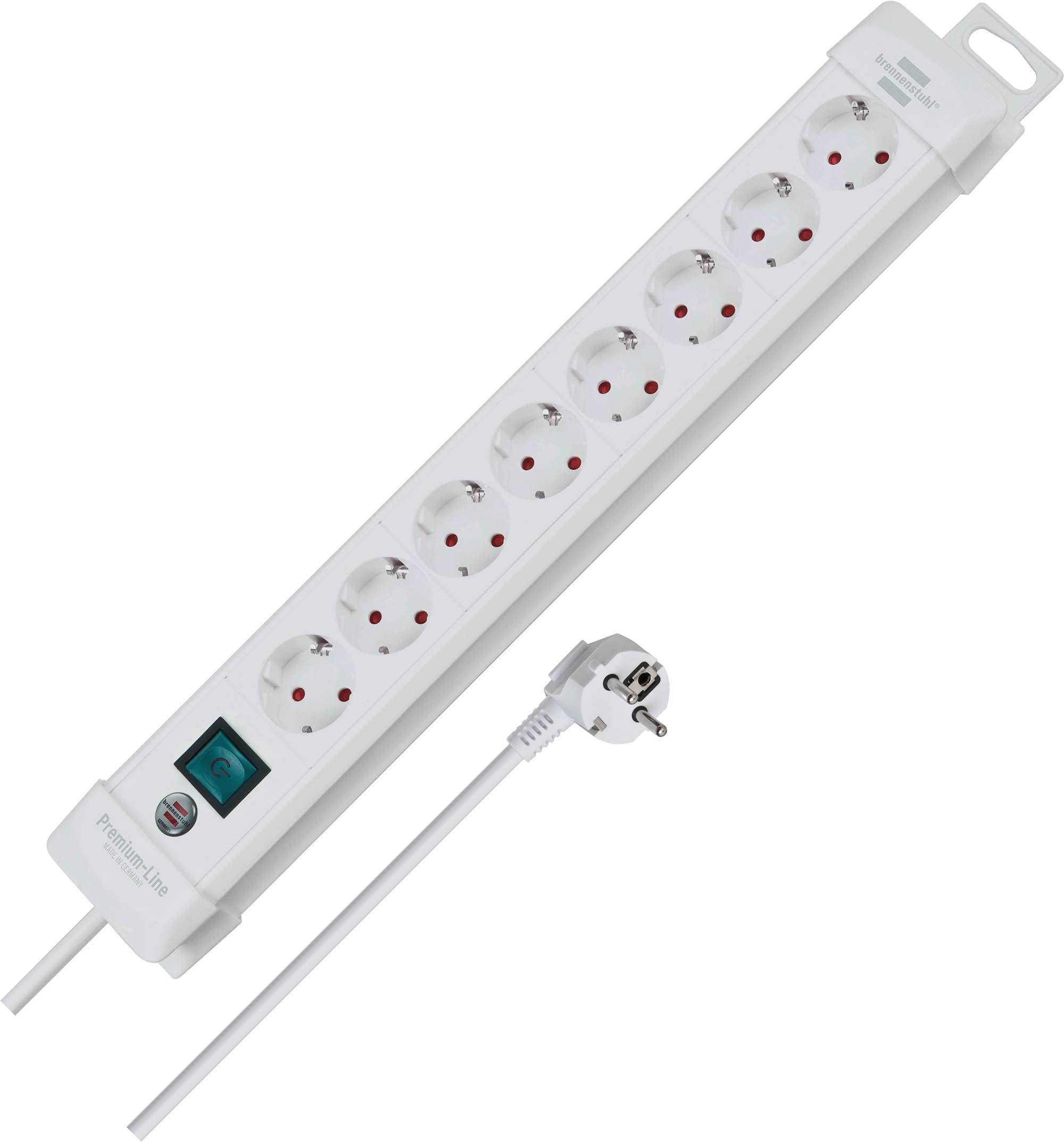 Brennenstuhl Premium-Line, Steckdosenleiste 8-fach (Steckerleiste mit Schalter und 3m Kabel - 45° Winkel der Schutzkontakt-Steckdosen, Made in Germany) weiß
