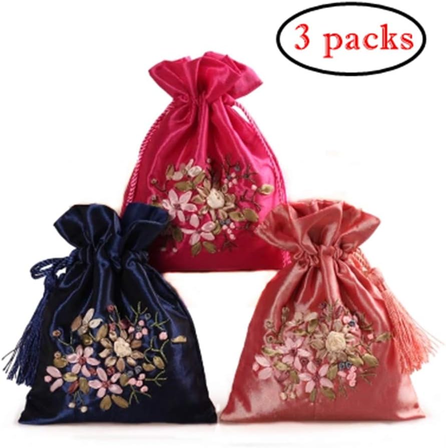 2500 Silk Art Hand-Embroidered Flowers Silk Damask Bunches Drawstring Coin Purse Jewelry Candy Bags H6.7 W5.1 BAG015 (3packs)