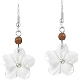 AeraVida Tropical Chic Carved Flower White Mother of Pearl Seashell, Crystal and Wood Earrings | Chic Earrings | White Mother of Pearl Earrings | White Flower Earrings for Women