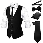Haysandy Men's Formal Vest Set Business Classic Waistcoat with Necktie Bow Tie and Pocket Square for Tuxedo Wedding Dress