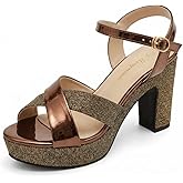 hingswink Womens Sparkly Platform Dress Sandals for Women Chunky Block Heel 3.8 Inch High Heels Open Toe with Strap for Women Comfortable Sexy Dressy Prom Wedding Party Evening Shoes