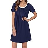 Ekouaer Pleated Nightgowns for Women Lace Trim Night Gown Ladies Sleep Dress Navy Blue