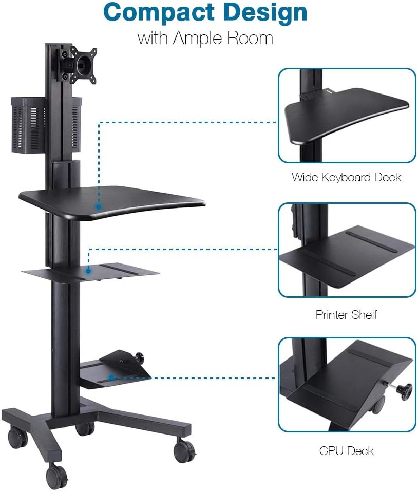 AW Adjustable Rolling PC Mobile Cart 25x22x69" Monitor Mount Printer Deck Aluminum Computer Desk Sit Stand Workstation Black : Office Products