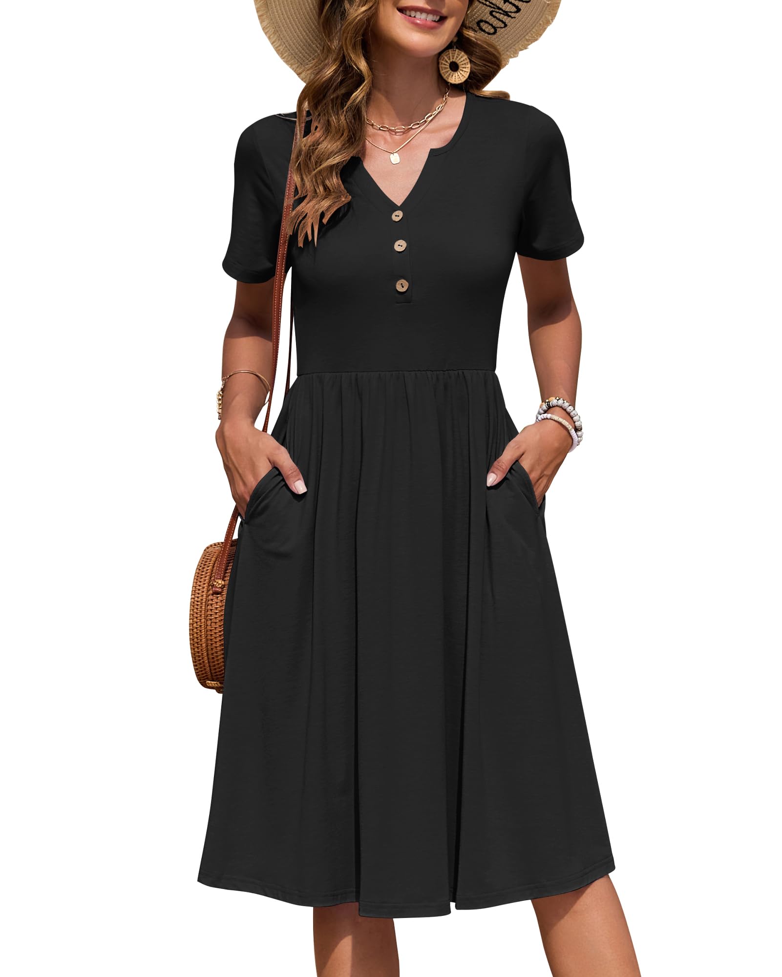 chinese dress ladies DB MOON Women Summer Casual Short Sleeve Dresses Empire Waist Dress with  Pockets (Black, S) at Amazon Women's Clothing store main image 1