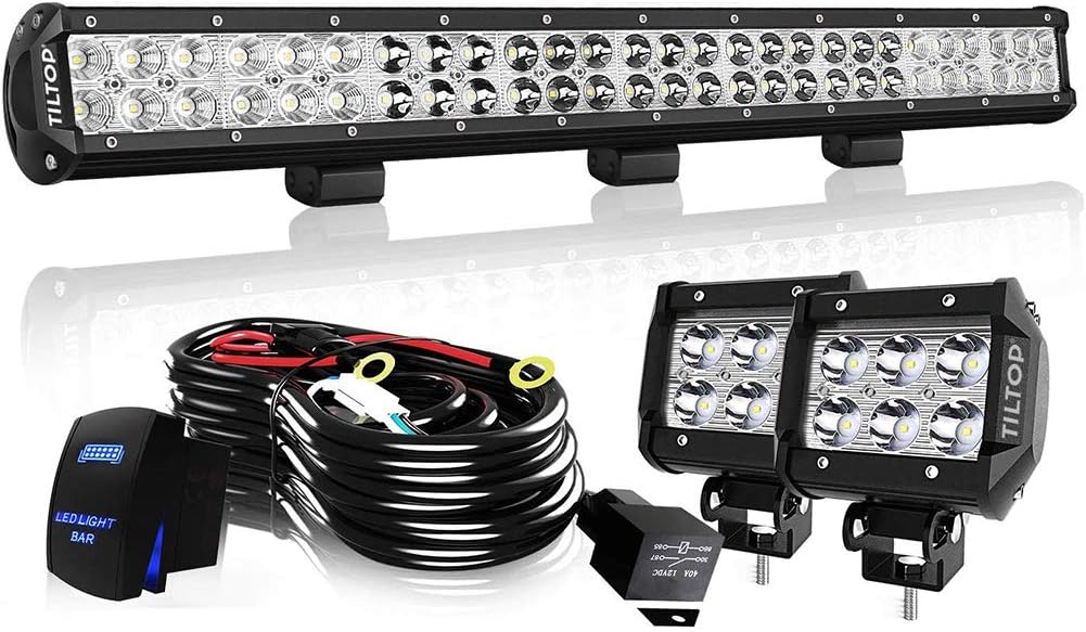 Led Light Bar 23Inch 144W Offroad Work Light Bar Spot Flood Combo Driving Fog Lights Bumper Grill Lamps + 4Inch Led Pod Lights + Wiring Harness Kit For Jeep Truck SUV ATV UTV Polaris