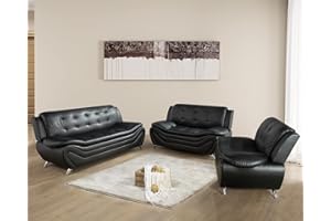 Plithzy Faux Leather Sofa Set for Living Room, 3 Piece Living Room Furnituer, Modern Couch Set with 3-Seater Couch, Loveseat and Armchair (Black 2, Chair+Sofa+Loveseat)