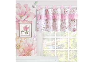 Brandream Window Valance Cotton Curtain for Baby/Toddler/Kid Bedroom Bath Laundry Living Room, Ruffled Floral Printed, Pink