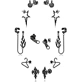 12 Pcs Punk Gothic Black Stainless Steel Cross Star Middle Finger Zipper Screw Closure Stud Earrings Set Jewelry Gift for Men Women Teen Flame Chain Cuff Earrings