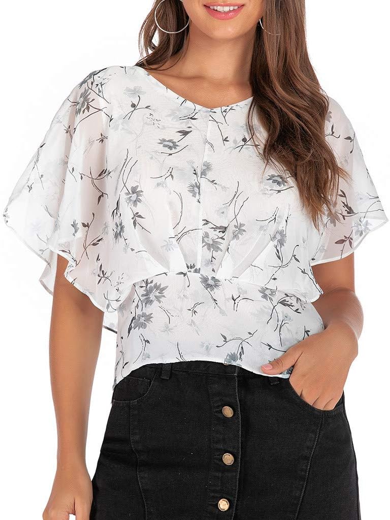 Witspace Women's Short Sleeve Fashion Office Ladies Print T-Shirt V-Neck Top Blouse