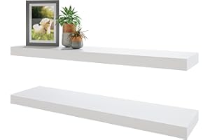 BAMEOS Floating Shelves, White Wall Mounted Wooden Shelves with Invisible Brackets, Set of 2, Hanging Wall Shelves Decoration