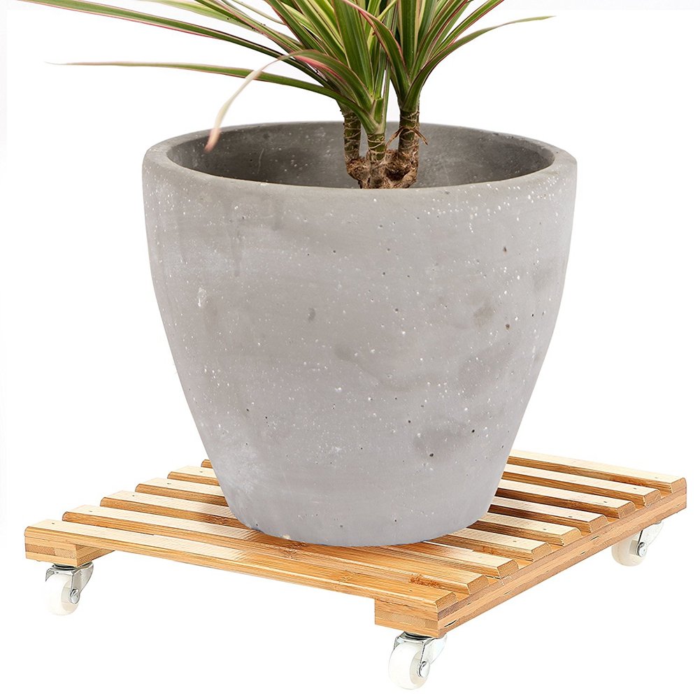 Movable Bamboo Plant Pot Trolley Plant Pot Stand Coaster with 4 Wheels