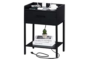 YAHARBO Nightstand with Charging Station and USB Ports, 3-Tier End Side Table with Storage Drawer and Shelf, Bedside Night Stand for Bedroom- Black