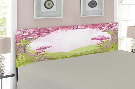 Ambesonne Mushroom Headboard Cherry Blossom Trees Fairytale Land Forest Surreal Fantasy Wonderland Image Upholstered Decorative Metal Headboard With