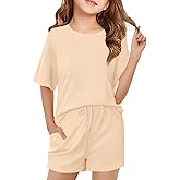 Haloumoning Girls Summer 2 Piece Outfits Kids Oversized T Shirts and Shorts Clothing Sets 5-14 Years