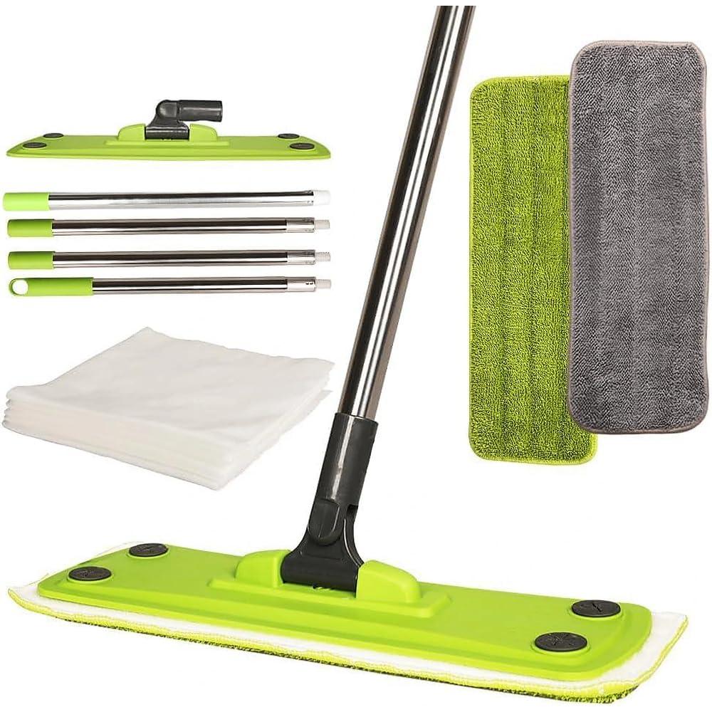Photo 1 of Microfiber Mop with 5 Dust Papers + 2 Washable Pads ,Wet & Dry & Dust Multi-Surface Floor Cleaning, Adjustable Stainless Steel Handle for Hardwood Cleaning, Tile, Vinyl & Walls (Green+Gray)