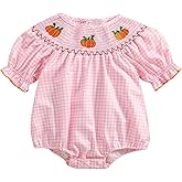 Ayalinggo Halloween Baby Girl Outfits Newborn Pumpkin Plaid Short Sleeve Smocked Bubble Romper Cute Infant Christmas Clothes