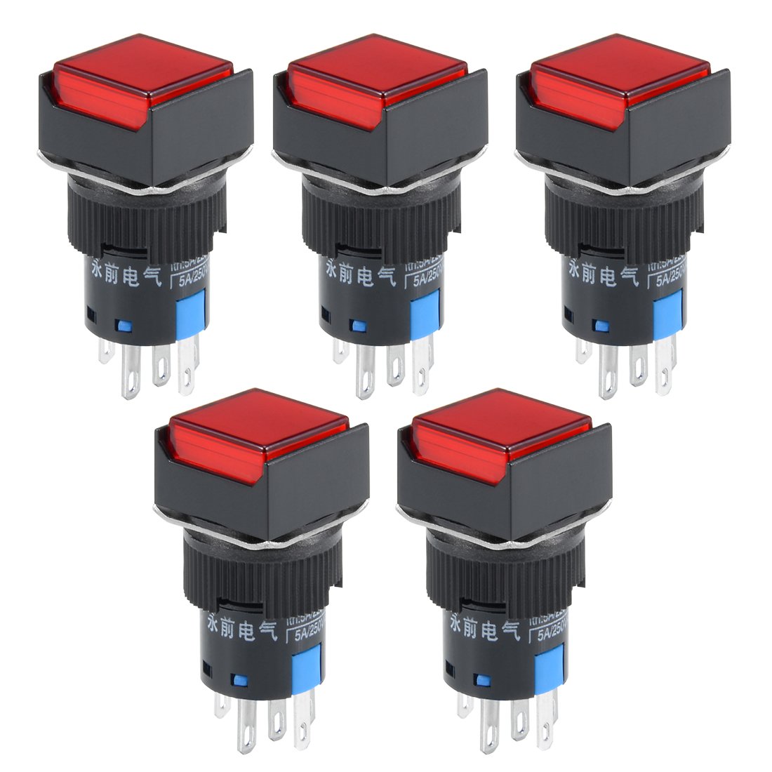 Sourcingmap 5Pcs 16mm Momentary Push Button Switch Red LED Light Square Button 1 NO 1 NC Light 24V
