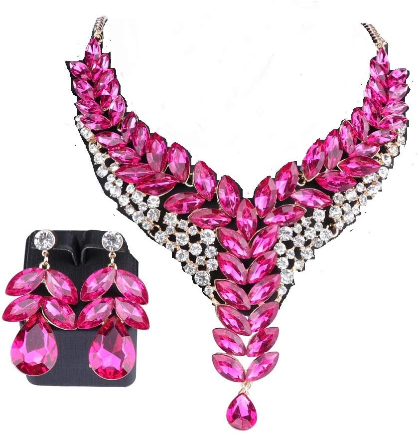 Women Crystal Chunky Choker Statement Necklace Earrings Wedding Prom Jewelry Set Costume Fashion Accessories with Gift Box