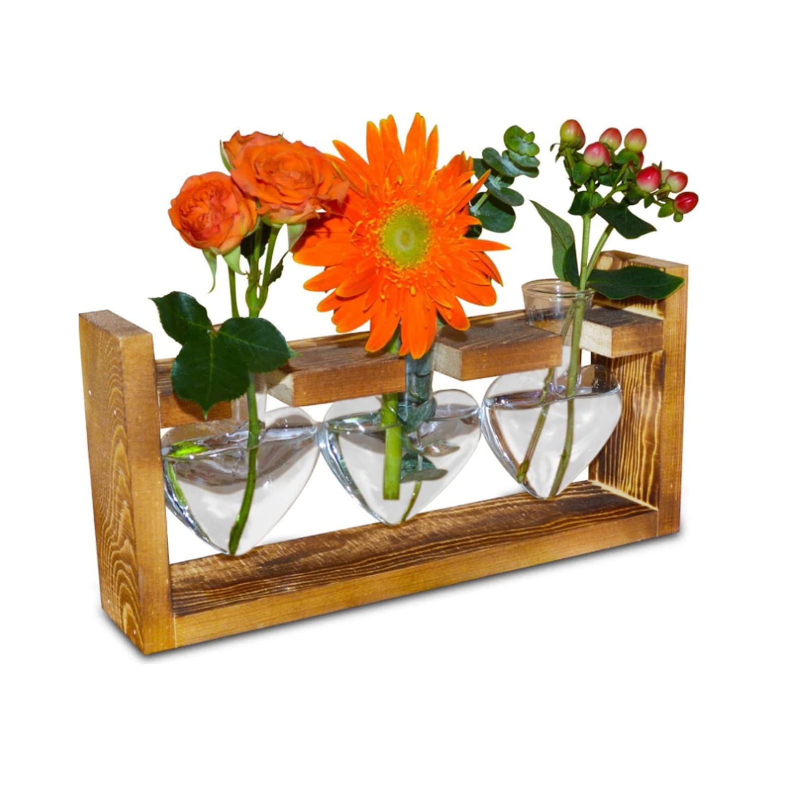 Propagation Station Plant Glass EylKoi - Air Plant Hydroponic Terrarium with Retro Brown Wooden Stand Heart Vase, Desktop Glass Bamboo for Plants Home Office Kitchen Garden Balcony Table Desk, 3Hearts