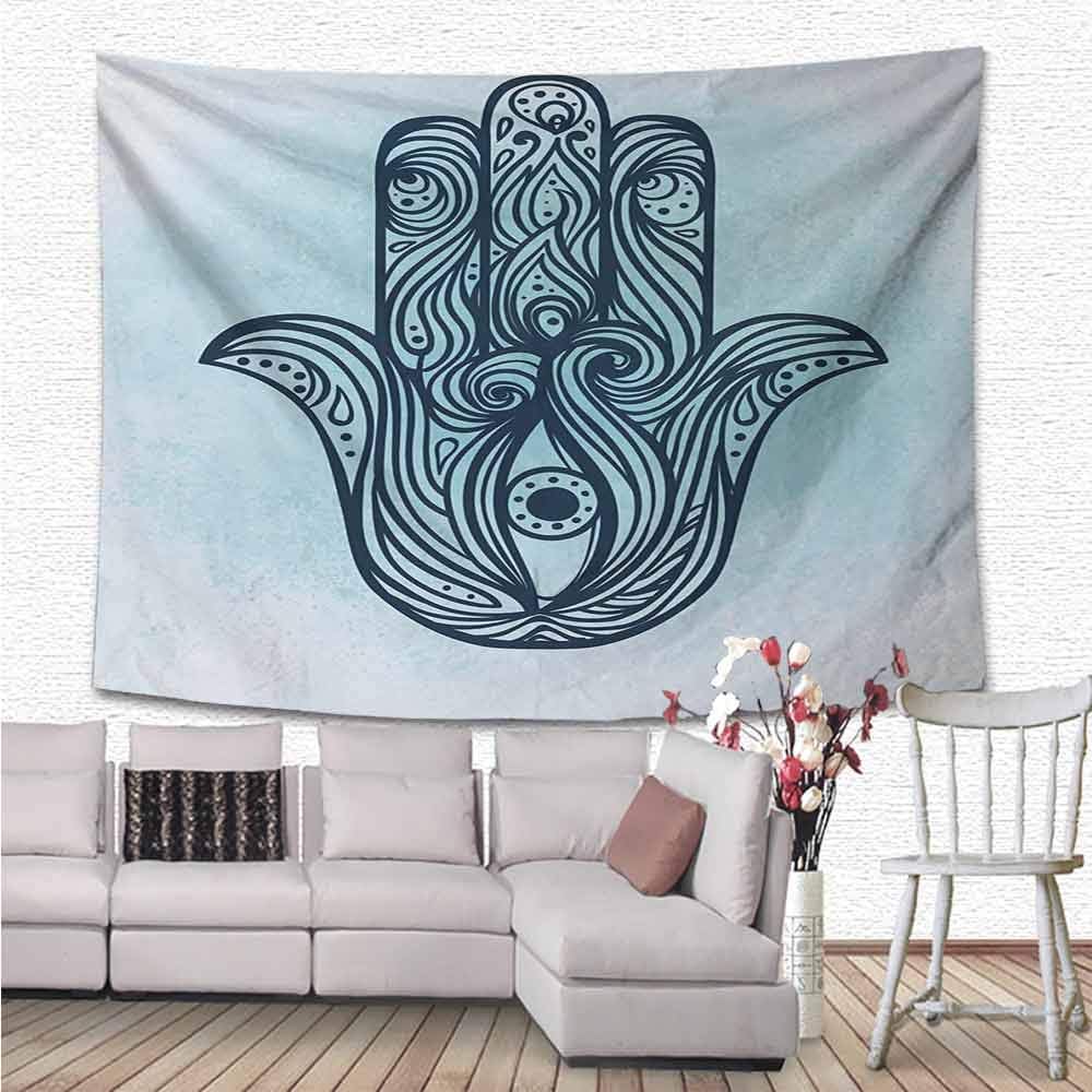 Hamsa Tapestry Microfiber, Ornate Hand Drawn Hamsa Popular Arabic and Old Amulet with Curly Swirled Lines Wall Decor for Living Room, 90"x60", Dark Blue Aqua (230cmx150cm)