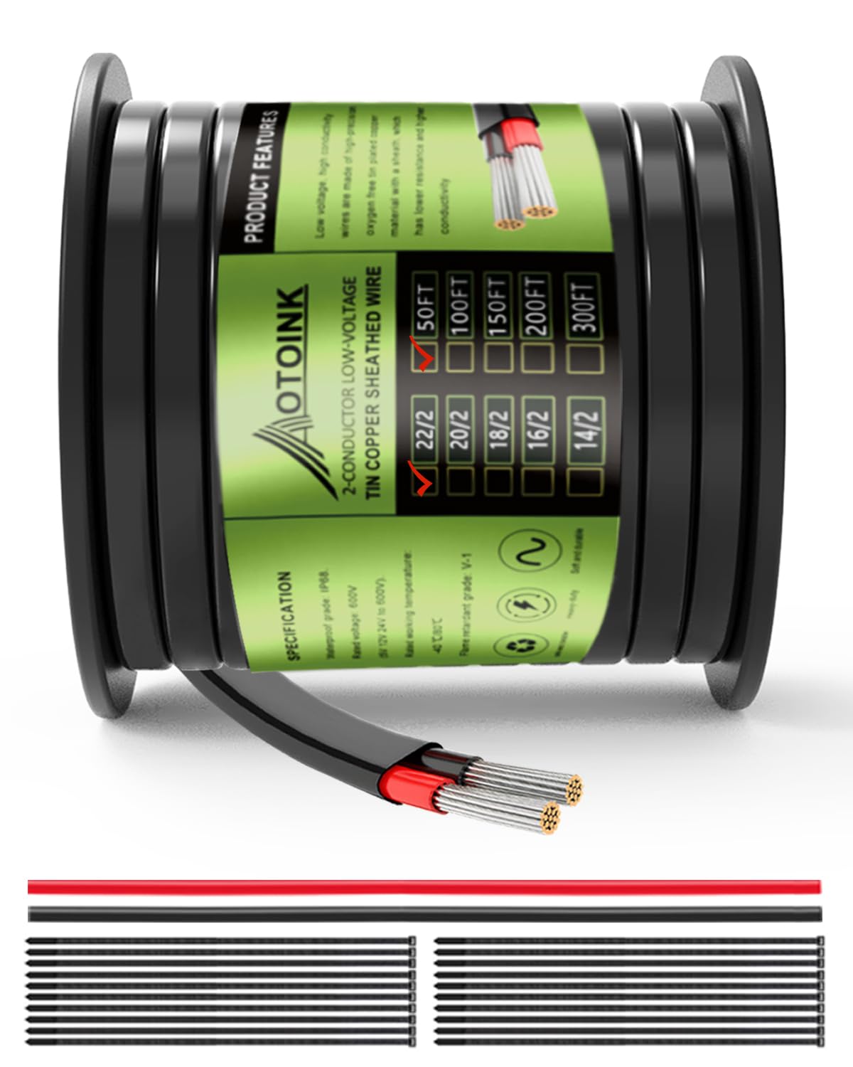 AOTOINK 22/2 50FT Electrical Wire 2x0.32mm², 12/24V Flat Cable 22 Gauge Tinned Copper Tube Cover Wire for Automotive LED Lighting Boat