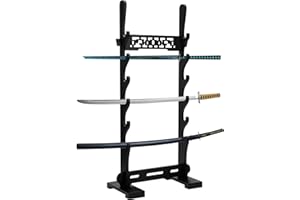 huyear 6 Tier Sword Stand Display Floor,Wood Katana Sword Holder,Black Samurai Sword Stand,Sturdy Sword Rack Floor Stand with Classic Hollow Out Pattern