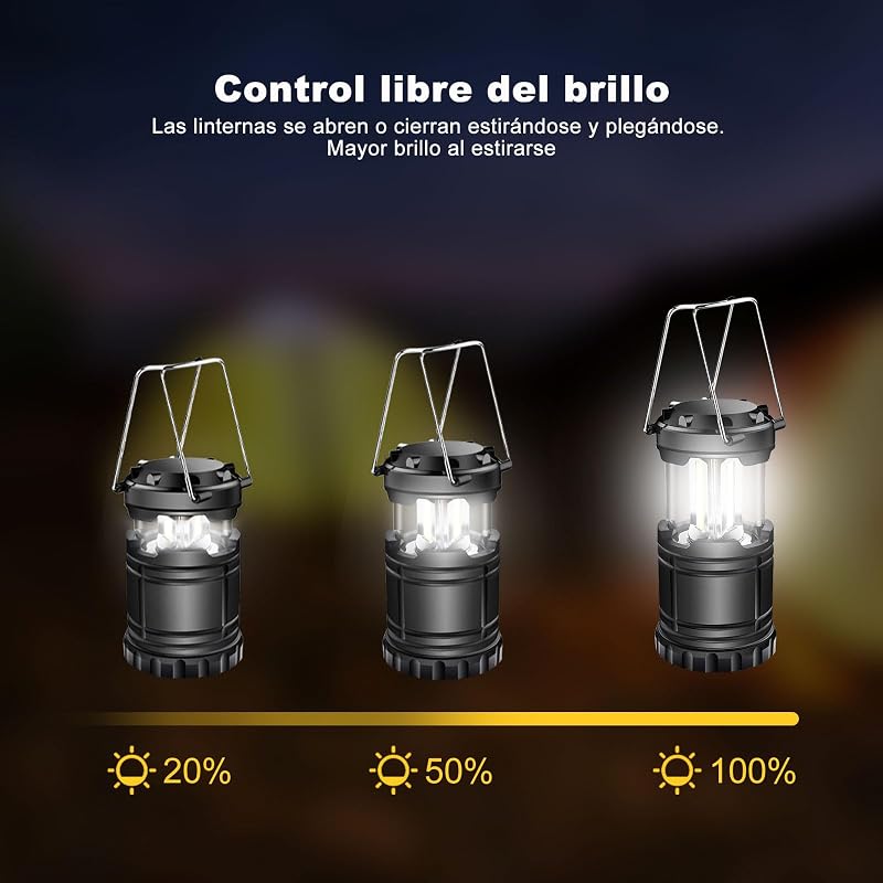 Paquete de 2 linternas LED para acampar, lampara camping, kit de supervivencia para huracanes, emergencias, tormentas, apagones (negro, plegable)