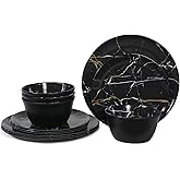 Melamine Dinnerware Set - 12pcs Plates and Bowls Sets Best for Indoor and Outdoor Party, BPA-Free Dishwasher Safe Kitchen Dinner Set with Black Marble Pattern