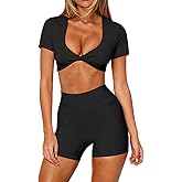 LEEDYA Womens Short Sleeve Workout Crop Tops Deep V Neck Double Lined Twist T Shirt Sexy Cropped Top Yoga Pilates Gym Outfit