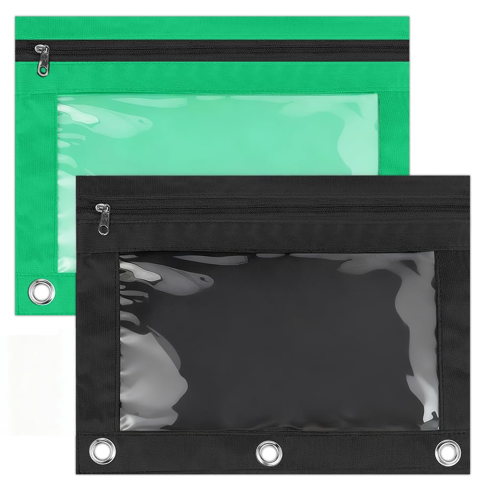 CRASPIRE 2 Colors Binder Pencil Pouch with Zipper for 3-Ring Binder Black & Green Oxford Cloth Pen Bags Cases Pouch Box Cosmetic Bags with Clear Window for Storing School Classroom Teacher Supplies