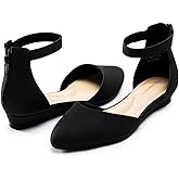 Cusolemore Women Flat Shoes with Ankle Strap, Low Wedge Heel Flats for Women, Comfortable Pointed Toe Dress Shoes for Work Business Wedding