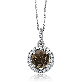Gem Stone King 0.97 Ct Round Brown Smoky Quartz White Diamond 14K White Gold Pendant