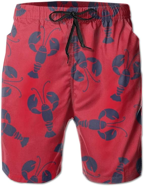 Mens 100 Polyester Lobster Red Pattern Swim Trunks, Casual Bathing