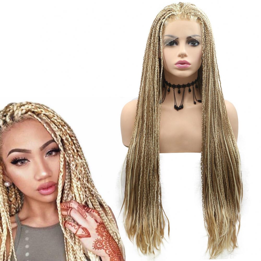 Natural Blonde Mxied Drag Queen Box Braids Wig for Afro American Women Long Handmade Box Braided Brown Blonde Streak Color Synthetic Lace Front Wig for Women Party Daily Braids Hair Wigs 26"
