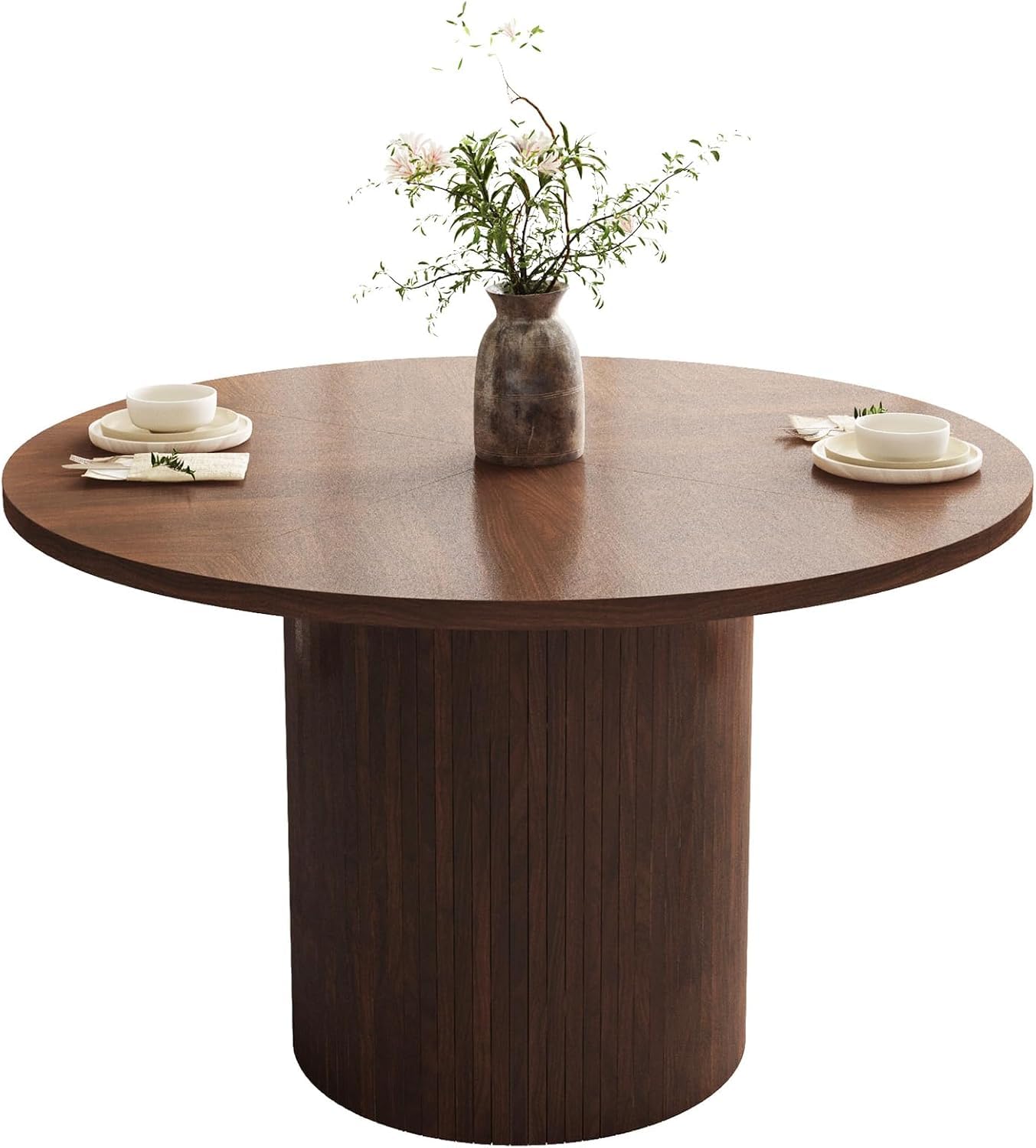47 Inch Round Dining Table, Farmhouse Fluted Dining Kitchen Table, Modern Wood Small Circle Dining Table for Kitchen Living Room, Walnut