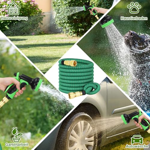 Expandable Garden Hose with 10-Pattern Spray Nozzle | 3-Layer Latex Flexible Water Hose Heavy Duty | 3/4" & 1/2" Solid Brass Connectors Leak-Proof | No-Kink Lightweight Retractable Hose (100FT/30M)