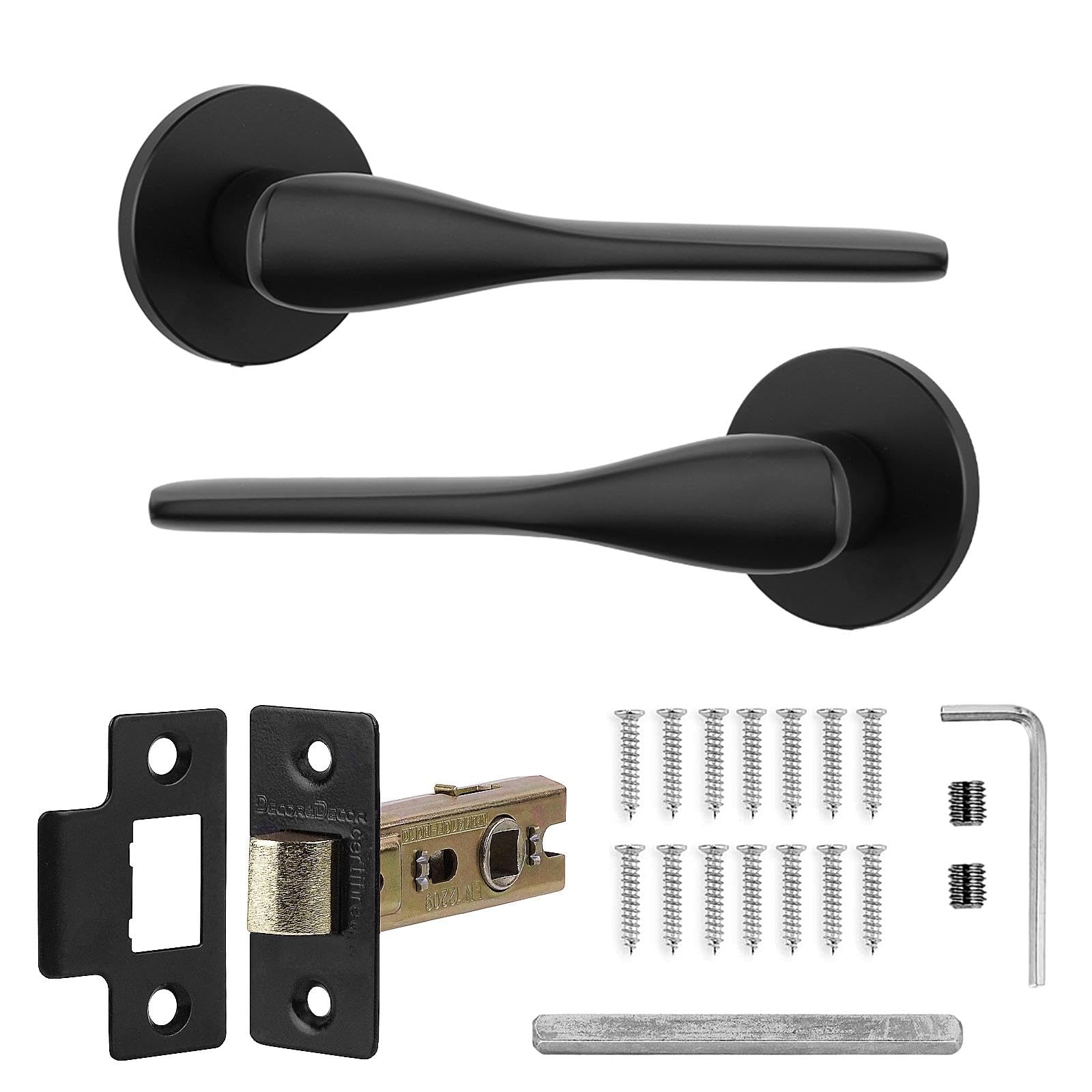 Decoranddecor Verita Matt Black Internal Door Handle Set, Aluminium Lever on Rose with Mortice Latch, Modern Hardware for Wooden Interior Doors in Hallway, Bedroom and Living Spaces